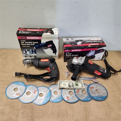 New 4½" Angle Grinder & ⅜" VS Drill w/ Extras
