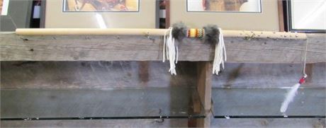 Native American Studded Dance Stick w/ Feather & Fur Edged Beaded Grip