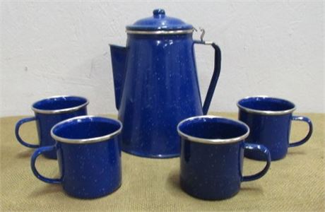Classic  Blue Enamel Coffee Pot w/ Four Mugs