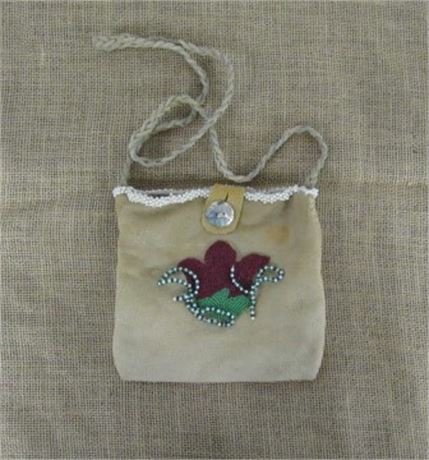 Native American Crow Beaded Leather Medicine Bag Necklace