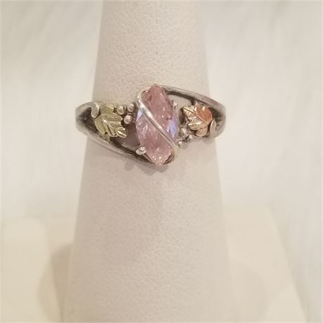 Black Hills Gold & Sterling Pink Stone Ring...Sz.  7 1/4