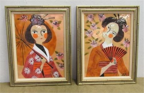 A Pair of Copper Enamel Deco 'Portraits'