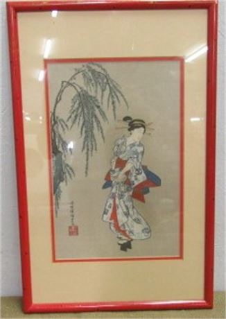 Mid 1800's Japanese Woodblock "Beauty Under The Willow" by Kunisada Gototei