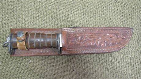 Hunting Knife with Tooled Leather Sheath