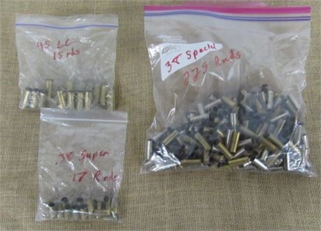 Various Pistol Ammo Brass, 257 Rounds Total