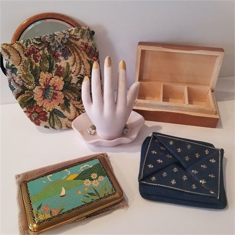 Vintage Compacts, Wood Ring Box, & Porcelain Ring Holder