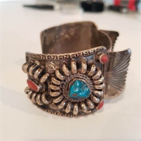 Turquoise & Coral Cuff Bracelet or Watch Cuff