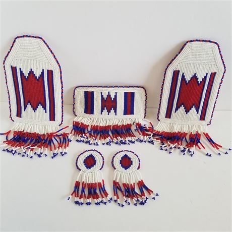 Native American Montana Indian Beaded Hair Barrette, Braid Wraps, & Earrings