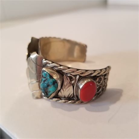 Turquoise & Coral Cuff Bracelet or Watch Cuff