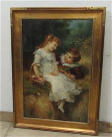 Signed Painting of Boy and Girl w/ Gilt Frame