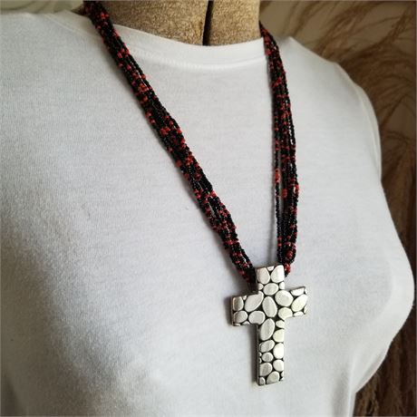 Cross Pendant w/ Red & Black Beaded Necklace