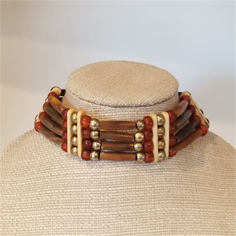 Leather Beaded Bone and Horn 4 Strand Choker