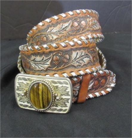 Tooled Leather Belt w/ Montana Agate Buckle