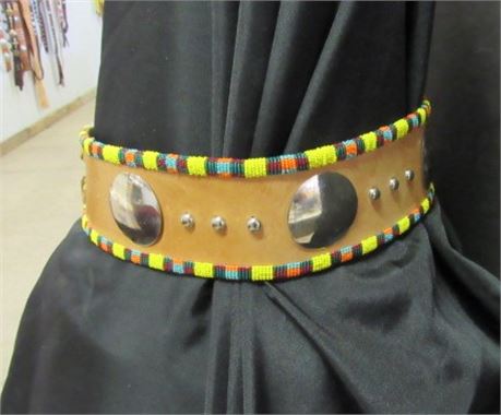 Native American Traditional Regalia Beaded Leather Concho Belt 3" Wide