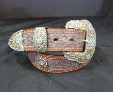 Tooled Leather Belt w/ Metal Accents