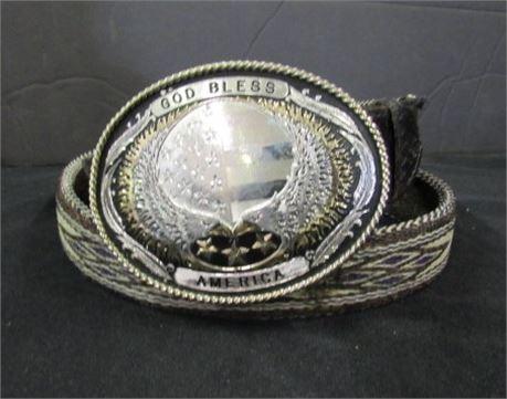 Woven Belt & Silver God Bless America Buckle