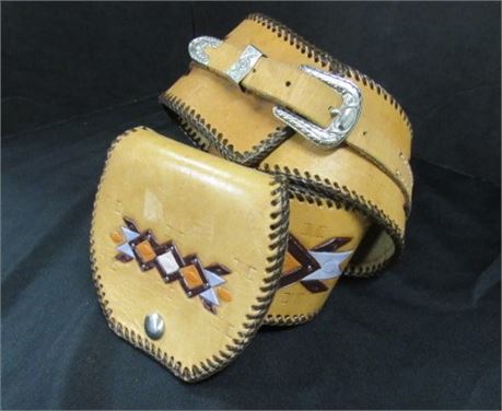 Tooled Leather Belt w/ Pouch