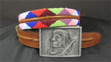 Beaded Leather Belt w/ Indian Head Buckle