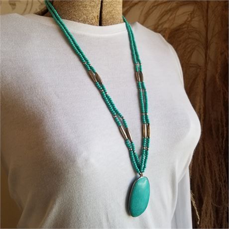 Turquoise Pendant on Beaded Turquoise & Sterling Necklace