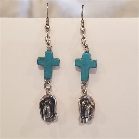 Turquoise Cross Earrings w/ Cowboy Hats