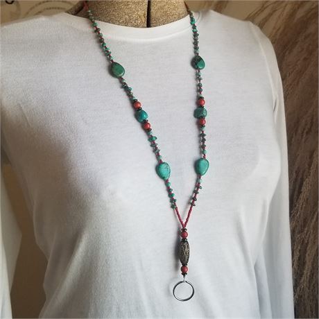 Turquoise, Coral, Sterling Beaded Lanyard