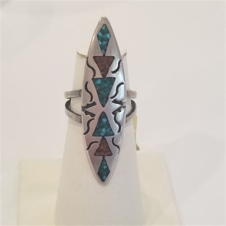 Sterling Inlaid Turquoise & Coral Ring Sz...