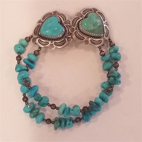 Beautiful Sterling Turquoise Hearts Nugget Beaded Watchband Bracelet