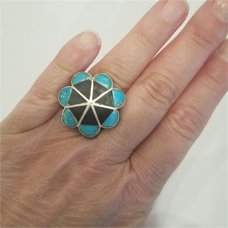 Sterling & Inlaid Turquoise Ring Sz 7