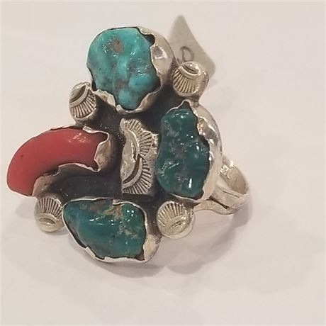 Sterling Turquoise & Coral Ring Sz...5 3/4