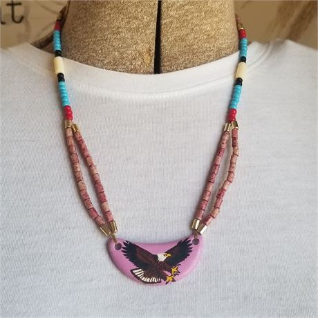 Hand Painted Eagle Pendant w/ Beaded Necklace