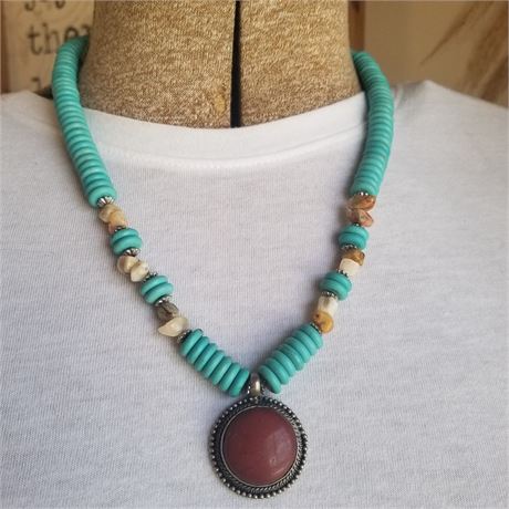 Sterling Turquoise Beaded Necklace w/ Sterling Coral Pendant