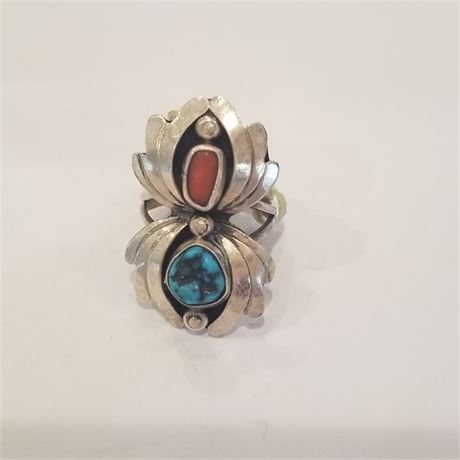 Turquoise & Coral Sterling Ring Sz 4 1/2