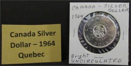 1964 Canada Quebec Silver Dollar - Bright, Uncirculated