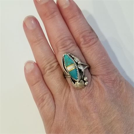 Sterling Turquoise w Inlaid Mother of Pearl Ring ...Sz