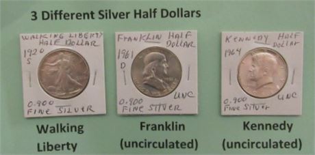 Trio of 0.90 Fine Silver Half Dollars