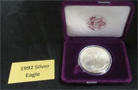 1992 Silver Eagle Dollar - Bright, Uncirculated, In Case