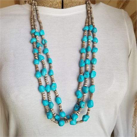 Turquoise & Heishi Shell Beaded Necklace...Extra Long!