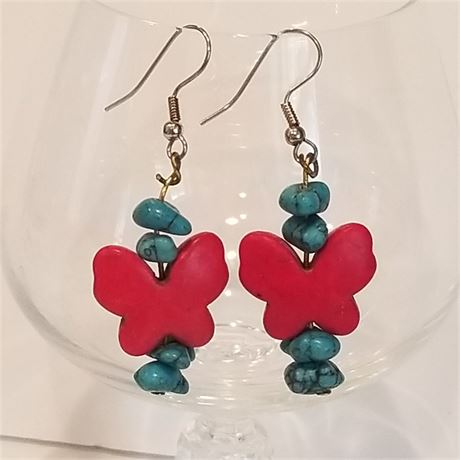 Turquoise Nugget & Red Butterfly Dangle Earrings