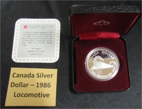 1986 Canada Locomotive Silver Dollar - Bright, Uncirculated, In Case