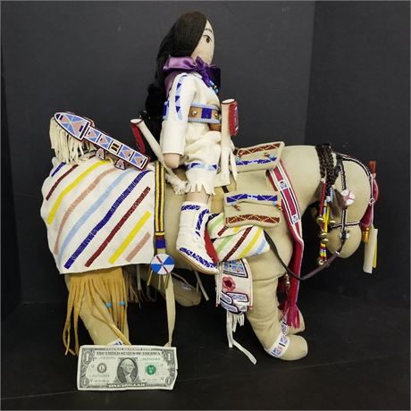 Native American Beaded Female Rider Doll on Horse