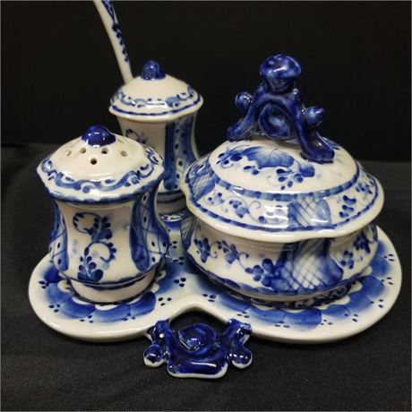 Vintage Russian Handmade Blue Floral Tea/Server Set