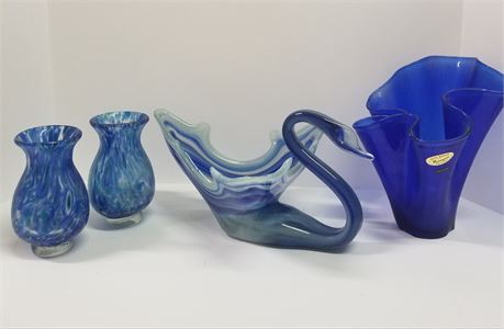 Murano Glass Swan & Vases...Plus Handmade in Poland Huta Szkla Lucyna Blue Vase