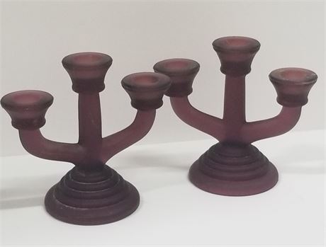 Vintage Amethyst Frosted Glass Candle Holders