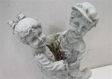 Yard Art Boy With His Little Sister Sculpture - 16" Tall