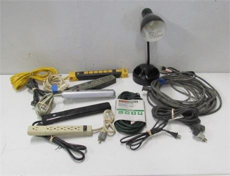 Assorted Power Cords, Strips, & Lamp