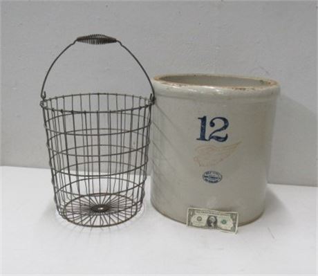 Antique Redwing 12 Gallon Crock W/ Strainer Cage