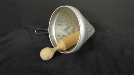 Vintage Food Mill-Strainer-Sieve Cone Colander Basket & Wood Pestle