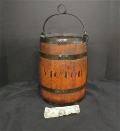 Vintage Victor Wood Barrel w/ Wrought Iron Handle