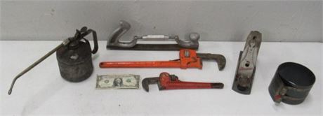 Cool Vintage Rasp, Oil Can, Plane, Pipe Wrenches and a Sleeve Clamp