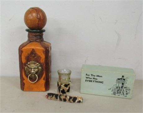 Vintage Italian Leather Liquor Bottle & Gag Shot Glass with Opener